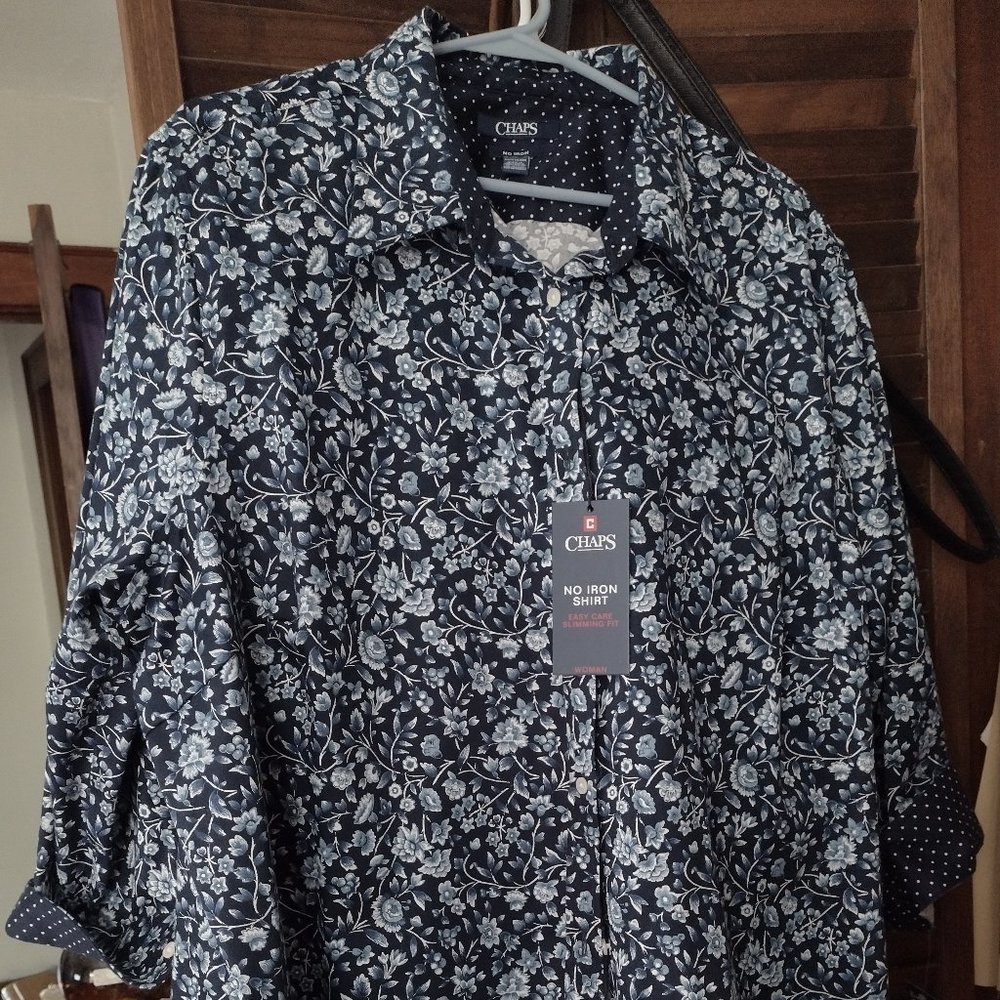 Chaps Navy Blue Floral Button Down Shirt No Iron Size 2X NWT
